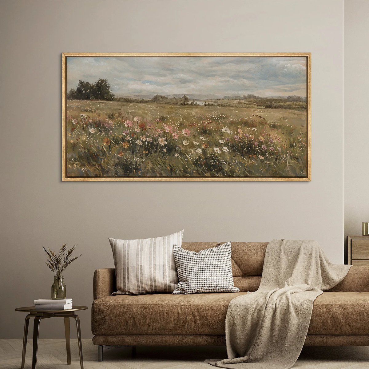 Large Framed Wildflower Meadow Landscape Wall Art, Vintage Pastoral Field Canvas Print, Soft Nature Botanical Decor for Living Room